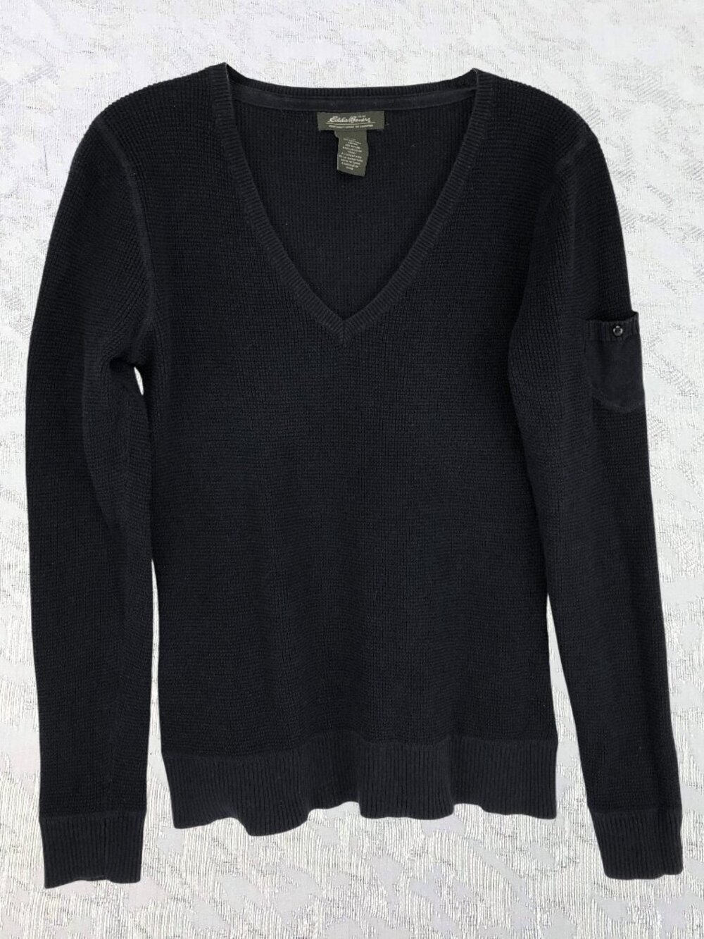 Eddie Bauer Midnight Blue V-Neck Cotton Waffle-Knit Pullover Top Sleeve Pocket
